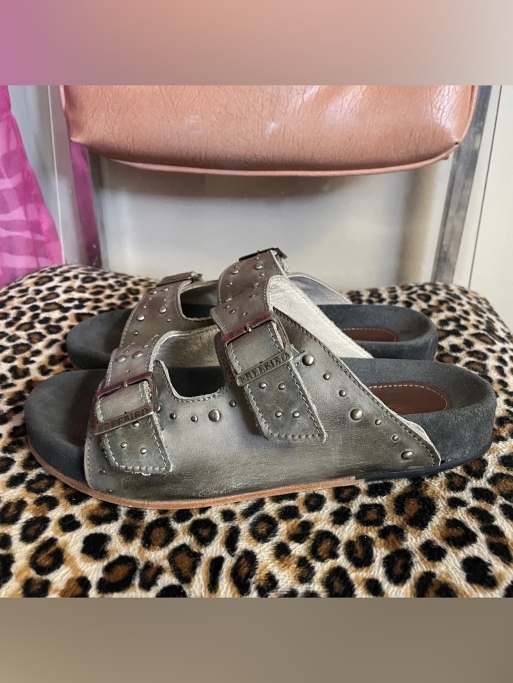 FREEBIRD Women’s Grey Studded Leather Double Buckle Slide Sandals Women's Sz 8
